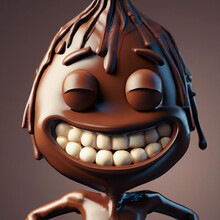 Funny 3D Cartoon Dripping Chocolate Character Boy Smiling Brightly With Marshmallow Teeth