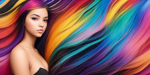 Beautiful girl with colorful hair. Portrait of a young woman with rainbow dyed hairstyle. Female profile on background of colored fluttering curls. Professional haircut and coloring. Generative AI