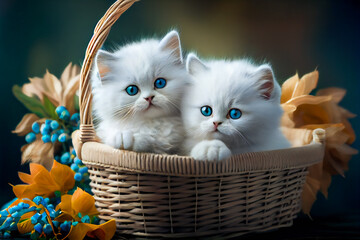 Sticker - Fluffy white kittens sitting in a  wicker basket.  Generative AI.