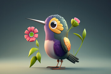 Wall Mural - Cute Cartoon Hummingbird with Flowers (Created with Generative AI)