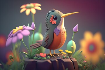 Wall Mural - Cute Cartoon Hummingbird with Flowers (Created with Generative AI)