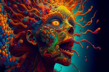 Wall Mural - horror poster. mystical head. psychedelic monster. generative ai.