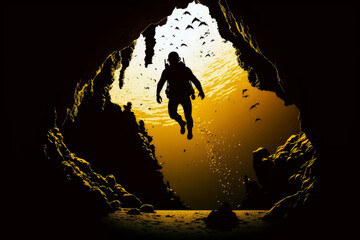 Wall Mural - cave diving with golden silhouette, ai