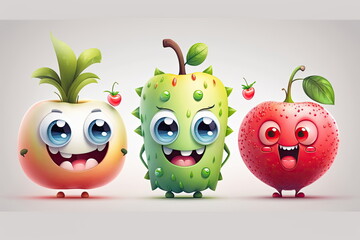 Wall Mural - cartoon characters of fruit, happy and smile, cute fruit monsters, white background, vector illustration, Made by AI,Artificial intelligence