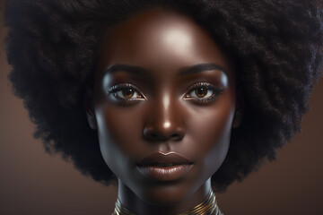 Wall Mural - Fictitious afro model with chocolate color skin and puff hair style. AI generated image