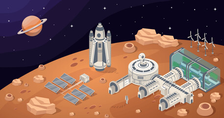 Colony on planet Mars. Space expedition, science and development, travel and adventure. Station with alternative energy. Colonization, Biological terraforming. Cartoon isometric vector illustration
