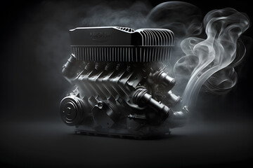 Modern car engine on deep solid black background. Neural network AI generated art