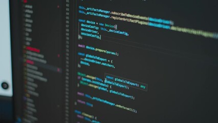 Wall Mural - Writing programming functions on PC. Website HTML code on the PC display close up photo. Database bits access stream visualisation.
