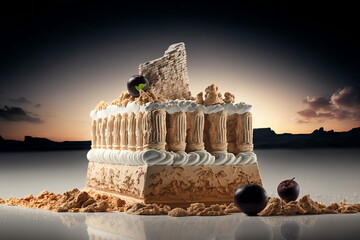 delicious and tasty greece acropolis cake art, that is yummy appetizing food photography art, and gr