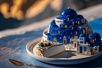 Delicious and Tasty Greece Cake Art, that is Yummy Appetizing Food Photography Art, and Greek Architecture Landscape Food, generative AI