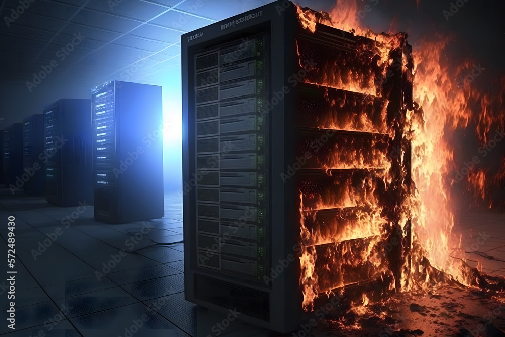 Disaster in server room or data center storage room on fire burning. Neural network AI generated art