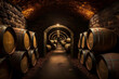Old Wooden barrels with wine in a wine vault cellar. Neural network AI generated art