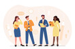 © 100% HAND-CRAFTED - Business team ready for work. Men and women discussing project. Conference, meeting and brainstorming. Colleagues or partners, boss gives instructions to subordinates. Cartoon flat vector illustration
