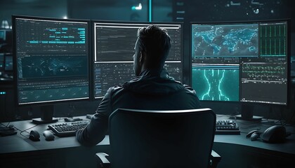 Professional IT and Working on Desktop Computer in Monitoring Control Room with Big Digital Screens with Server Data. with Generative AI Technology