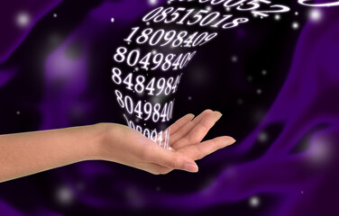 Numerology. Woman holding flow of numbers against abstract background, closeup