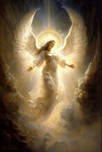 Golden Angel, AI Generated Image Of A Beautiful Golden Angel Ascending Into Heaven