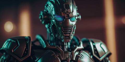 futuristic ai robot with neon blue lights and metal, close up shot portrait, copy space, generative ai