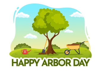 Wall Mural - Happy Arbor Day on April 28 Illustration with Green Tree, Garden Tools and Nature Environment in Flat Cartoon Hand Drawn for Landing Page Templates