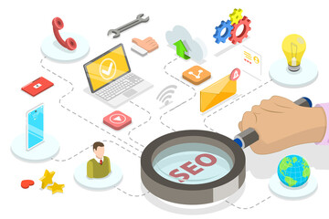 Wall Mural - 3d isometric flat conceptual illustration of seo optimization