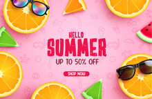 Summer Sale Vector Background. Hello Summer Greeting Text With Up To 50% Off Holiday Season Discount. Vector Illustration Summer Promotion Offer.