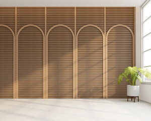 Wall Mural - Japanese style empty room decorated with wooden slats wall and white concrete floor. 3d rendering