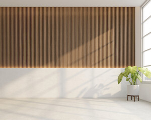 Wall Mural - Japanese style empty room decorated with white wall and wooden slats wall, white concrete floor. 3d rendering