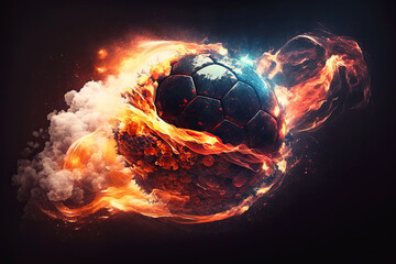 Wall Mural - flying burning soccer ball on fire with sparks on a black background. Generative AI