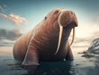A wild animal Walrus  enjoying nature,sea sight, cold water,beach, safe Atmosphere and a bright Sky in the background, Children's Story, Kid walrus, blur, 4K, Animal Wallpaper, wildlife Background, AI