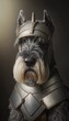 Cute Stylish and Cool Animal Standard Schnauzer Dog Knight of the Middle Ages: Armor, Castle, Sword, and Chivalry in a Colorful and Adorable Illustration (generative AI)