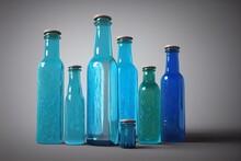 Blue Glass Bottles Isolated. Generative AI