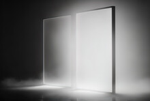 Minimalist Photo Of Panes Of Glass Floating In Ambient Fog With Glowing Lights. AI-Generated