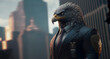 an intimidating business Eagle, dressed in a tailored suit with city in the background. AI-Generated