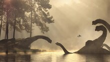 Scenic View Of Long Neck Sauropod Dinosaurs Family In The Middle Of The Forest During Sunset, Animation