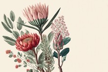 Watercolour Abstract Clip-art Of Protea Flower. Pink Protea. Set Of Exotic Flowers On A Creamy Background. For Wedding Invitation Cards Scrapbooking Posters Planners, Web, Landing Page, Wallpaper