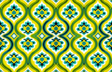 Porcelain Seamless Fabric Pattern Bright Green Yellow. Abstract Traditional Folk Ikat Antique Porcelain Graphic Line. Texture Textile Vector Illustration Ornate Elegant Luxury Vintage Retro Style.