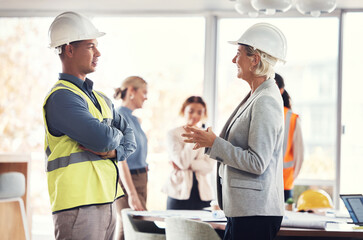 Poster - Construction team, architecture meeting and engineer collaboration with industrial worker group. Real estate, building management and employee communication of property development employees