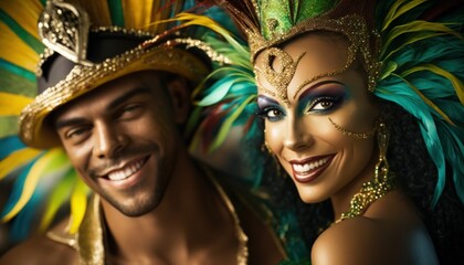 Joyful and Excited Hispanic Couple in Rio Carnival Costume: Colorful Illustration of Humans in Festive Brazilian Street Party with Samba Music and Dancing Floats Celebration (generative AI