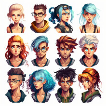 Set Of Cartoon Avatar Faces, High Quality, Games, Comics, 3d, Multicultural, Generative Ai