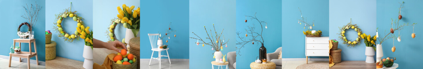 Sticker - Collage of stylish Easter decorations near blue wall in room interior