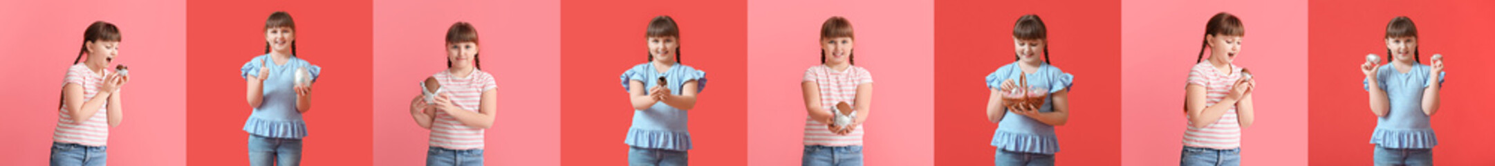 Poster - Set of cute little girl with chocolate Easter eggs on colorful background