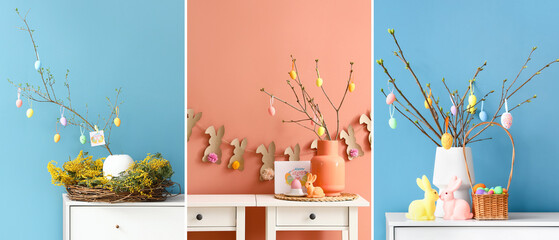 Sticker - Collage of beautiful Easter decorations on tables near color walls in rooms