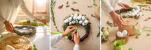 Collage Of Woman Making Beautiful Easter Wreaths