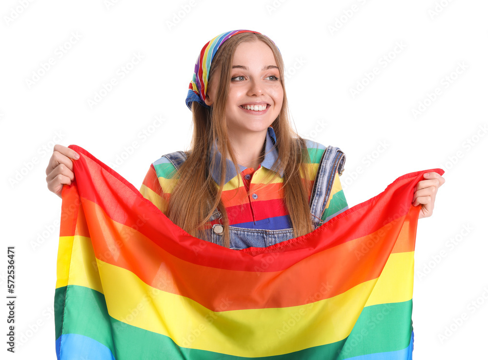 Beautiful young woman with LGBT flag on white background