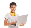 © Pixel-Shot - Little boy using laptop on white background