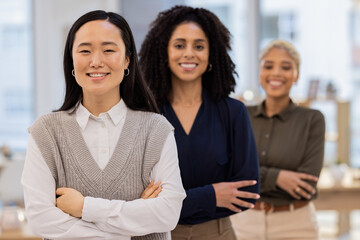 Poster - Diversity, business and women only portrait in office leadership, teamwork and solidarity in workplace. Proud black woman, asian and group of employees with vision for company values and career goals