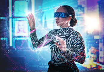 Fototapete - Metaverse, woman and virtual reality glasses with dashboard overlay for digital transformation. Person with vr headset for ar neon hologram for cyber and 3d world for big data and futuristic coding