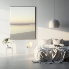 Wall Mural - Frame poster mockup in home interior, peaceful beach at sunrise with calming waves AI Generaion.