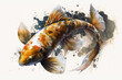Japanese koi fish painting watercolor orange, black and gold on a white background with black ink illustration, ai. 