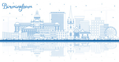 Wall Mural - Outline Birmingham UK City Skyline with Blue Buildings and Reflections. Vector Illustration. Birmingham Cityscape with Landmarks.