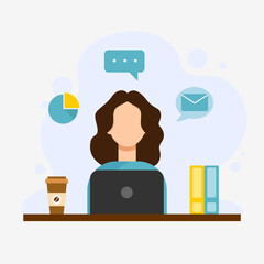 A woman works from home or the office on a laptop computer. Or a freelancer. Vector illustration in a flat style on a white background.